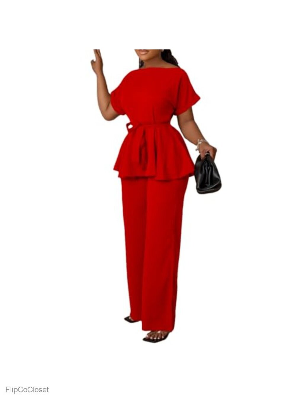 Women's 2 Piece Peplum Top and High Waisted Flared Pants Set Polyester Spandex